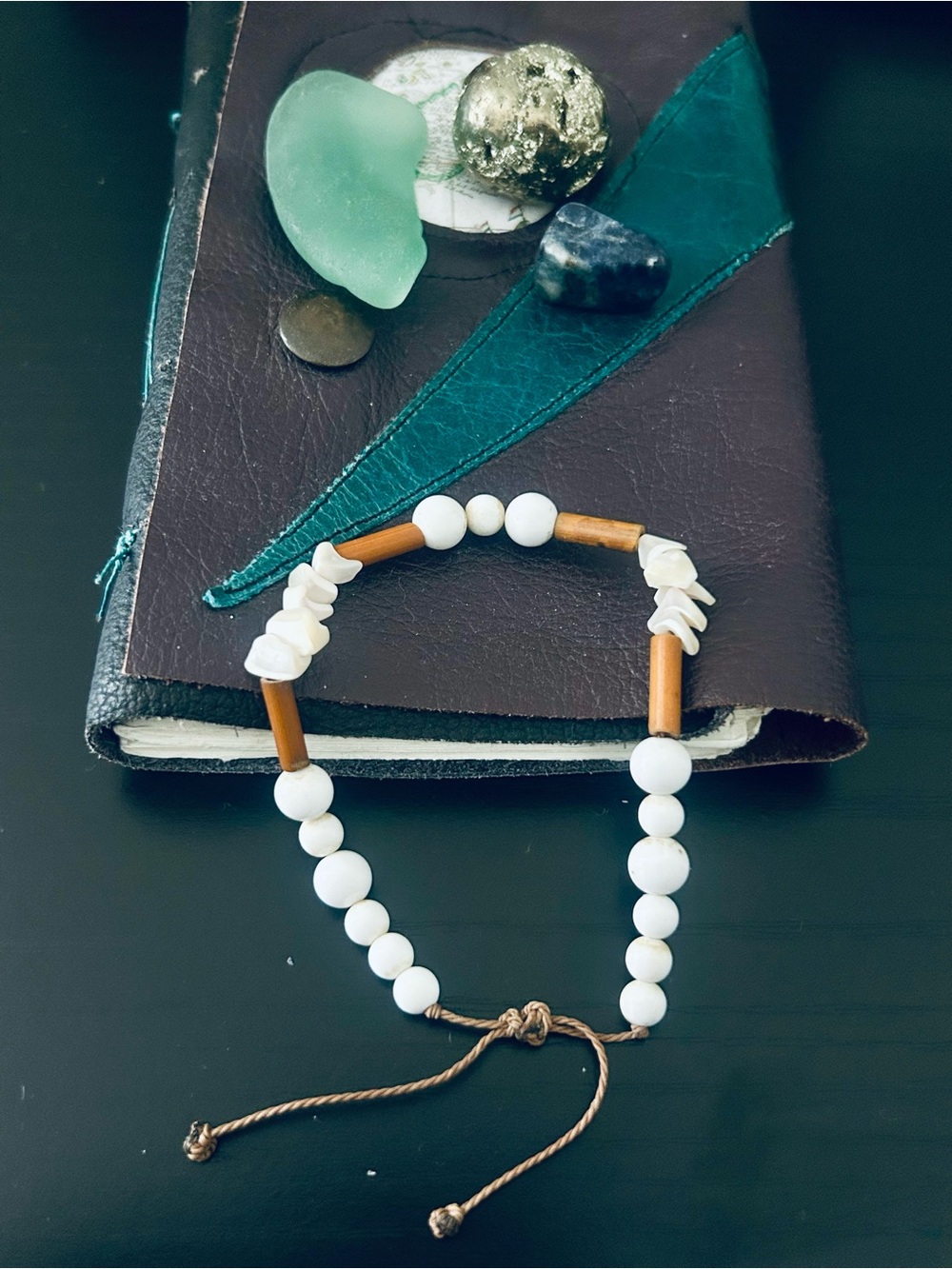 Handcrafted White Bead and Brown Tube Women's Bracelet